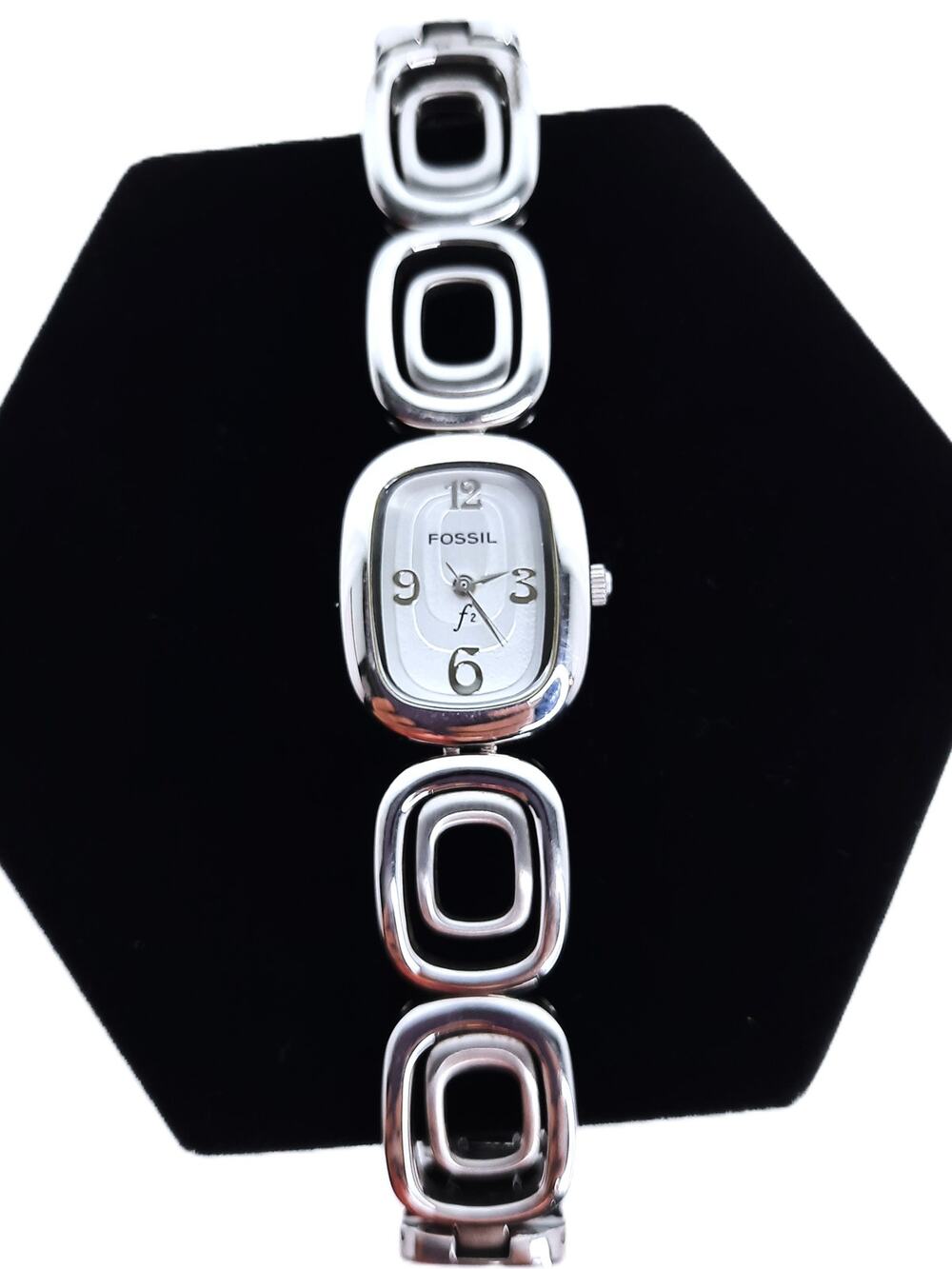 Vintage Fossil F2 Women's Watch Geometric Band Stainless Steel Rectangle Face